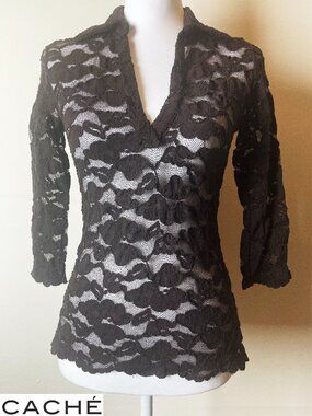 Cache Vintage Women's Brown Lace Semi-Sheer Floral Blouse | 3/4 sleeves | Size S
